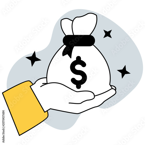 Monochrome hand holding money bag illustration for savings investment and wealth management