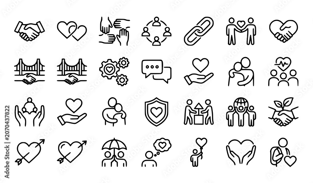 Fototapeta premium Line icons depicting various aspects of love partnership and community