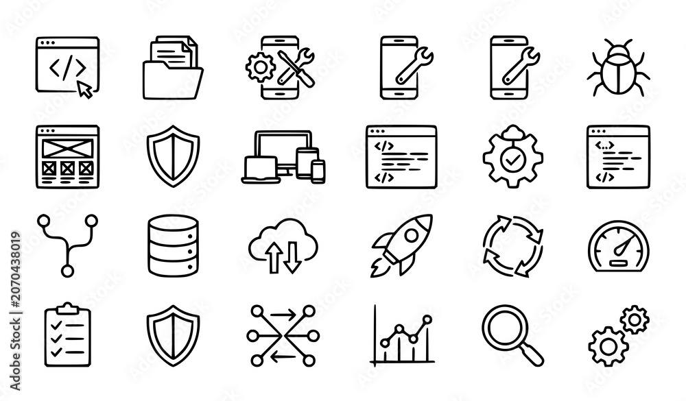 Fototapeta premium Collection of 20 line icons related to software development coding and technology
