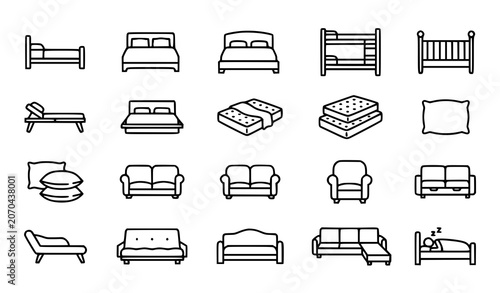 Cuadro en lienzo Furniture line art icons beds sofas and loungers for interior design