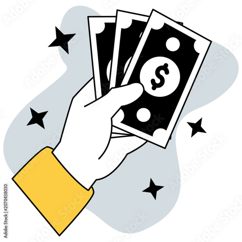 Monochrome hand holding cash money illustration for payment savings and financial management
