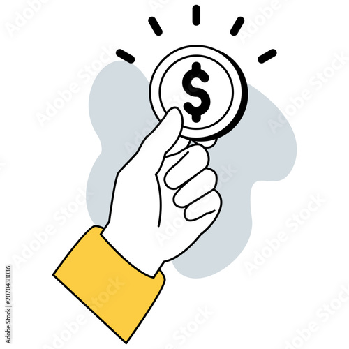 Monochrome hand holding dollar coin illustration for savings investment and personal finance