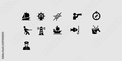 Photos Icon set collection of various nautical and marine elements, featuring ships, lighthouse, compass, and sailor for maritime-themed design projects
