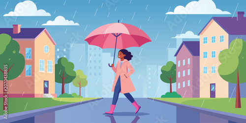 A woman walks with an umbrella in the rain, with the city as the backdrop.