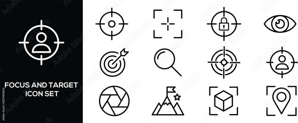 Fototapeta premium Focus Target Goal Achievement and Precision Line Icon Set
