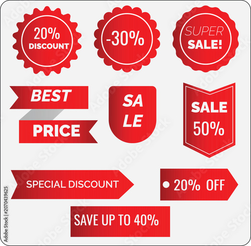 Vector set of red and yellow sale tags, discount labels, and promotional badges