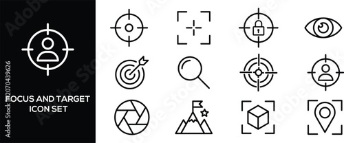 Fotografie Focus Target Goal Achievement and Precision Line Icon Set
