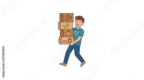 Smiling Man Carrying Stack of Food Boxes, Charity Donation, Grocery Delivery