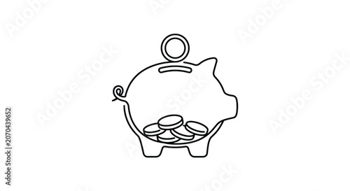 Piggy Bank Outline with Coins Inside, Simple Minimalist Financial Icon