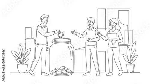 Team Saving Money Together, Adding Coins to Jar, Financial Growth Concept