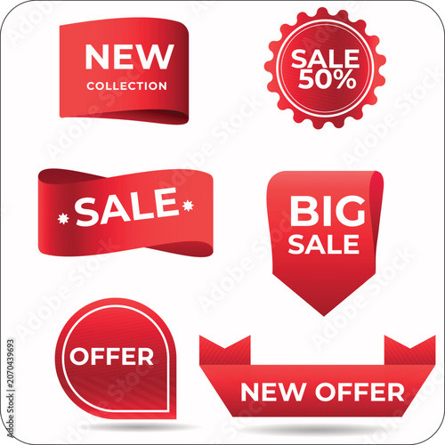 Vector set of red and yellow sale tags, discount labels, and promotional badges