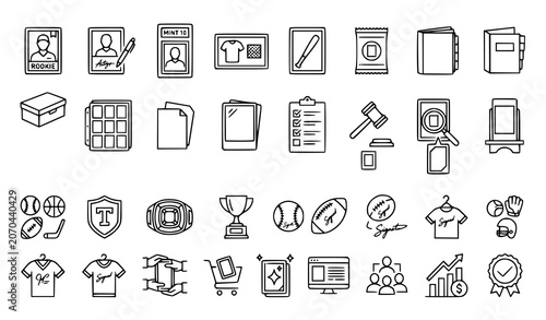 Foto Sports collectibles and memorabilia line icons set black and white