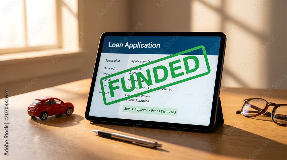Fototapeta premium Tablet Displaying Approved Loan Application With Green Funded Stamp Beside Toy Car And Glasses