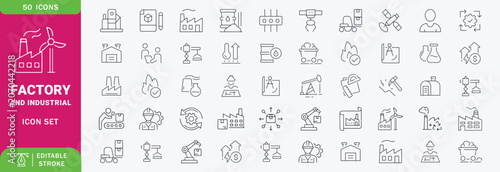 Factory icon set. Contain icons related to factory, plants, industrial, manufacturing, production, energy, and more. Editable stroke. Vector illustration