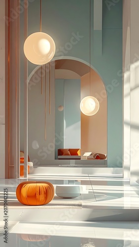 Modern interior design with lamp and mirror.
