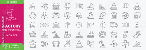 Factory icon set. Contain icons related to factory, plants, industrial, manufacturing, production, energy, and more. Editable stroke. Vector illustration