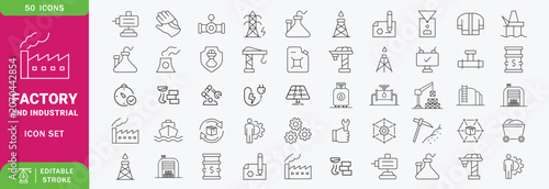 Factory icon set. Contain icons related to factory, plants, industrial, manufacturing, production, energy, and more. Editable stroke. Vector illustration