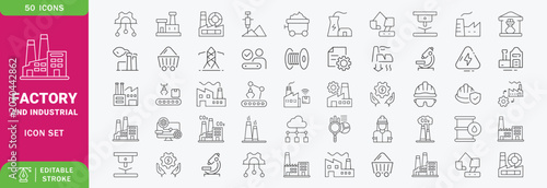 Factory icon set. Contain icons related to factory, plants, industrial, manufacturing, production, energy, and more. Editable stroke. Vector illustration