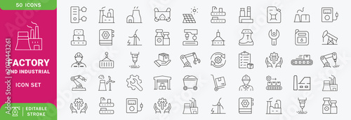 Factory icon set. Contain icons related to factory, plants, industrial, manufacturing, production, energy, and more. Editable stroke. Vector illustration