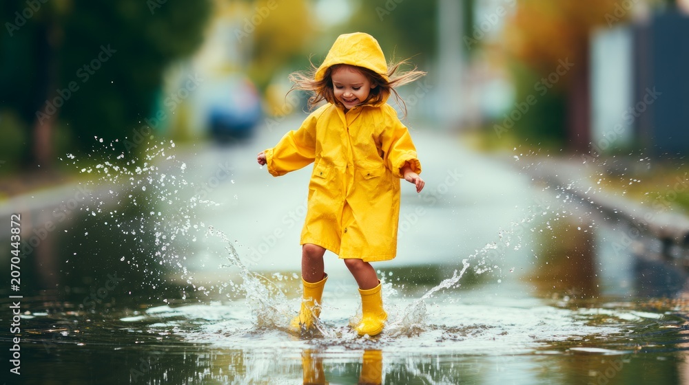 Fototapeta premium Playful young female child jumping in a puddle on a rainy street wearing yellow rubber boots and raincoat, enjoying outdoor rain weather, childhood fun, energy, motion, and urban wet environment