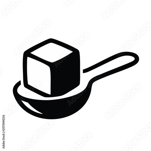 Sugar cube on spoon icon. Portion control and low sugar diet symbol. Minimalist flat vector illustration isolated on transparent background