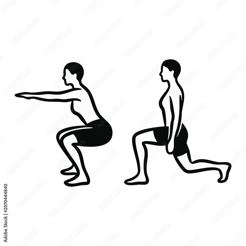 Fototapeta premium Squats and lunges exercise line art. Female workout form and technique poses. Minimalist vector illustration isolated on transparent background