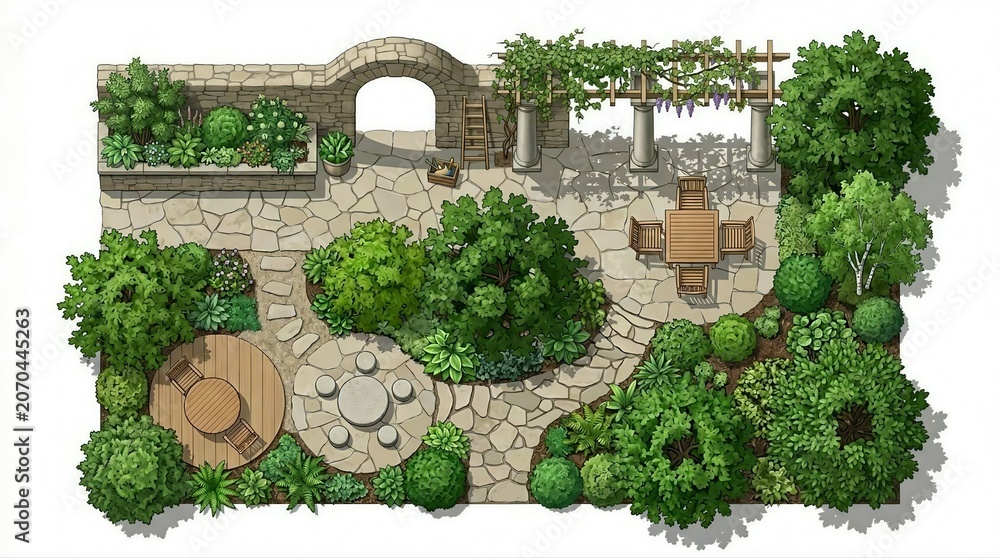 Fototapeta premium Garden courtyard pergola pathway illustration set with tables chairs shrubs outdoor decor