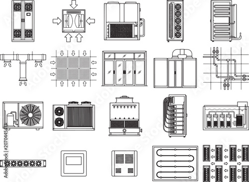 A collection of industrial HVAC and cooling system components, presented in a clean, illustrative style. This graphic resource showcases various air conditioning units, fans, ductwork, and pipes.