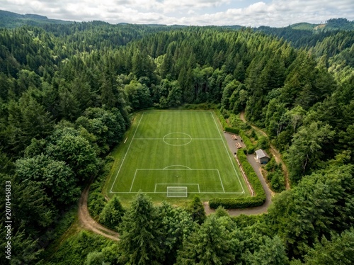 Soccer field in the middle of a forest, aerial view of green pitch.