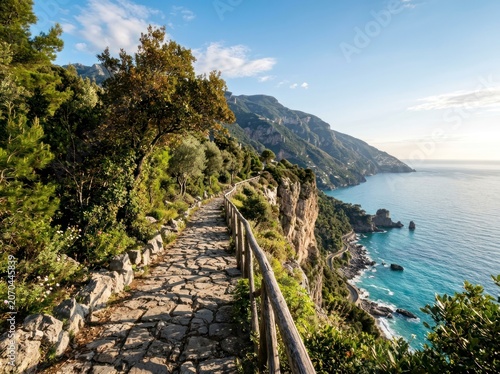 Scenic stone path on a cliff edge, coastline overlooking the blue sea.