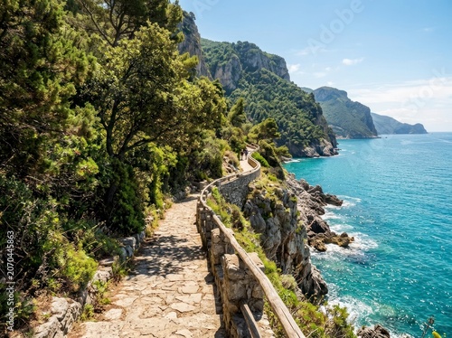 Stone coastal footpath along cliffs, scenic Mediterranean sea view.