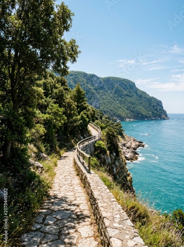 Stone coastal footpath along cliffs, scenic ocean view with boats.