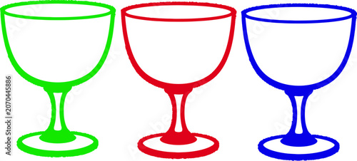  Set of Three Colorful Wine Glasses in Green Red and Blue - Drinkware Icons