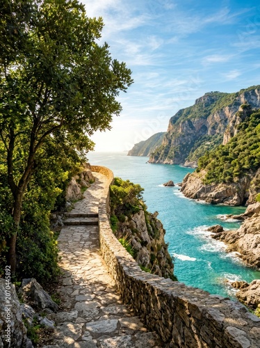 Stone footpath along a rocky cliffside, ocean view with coastal mountains.