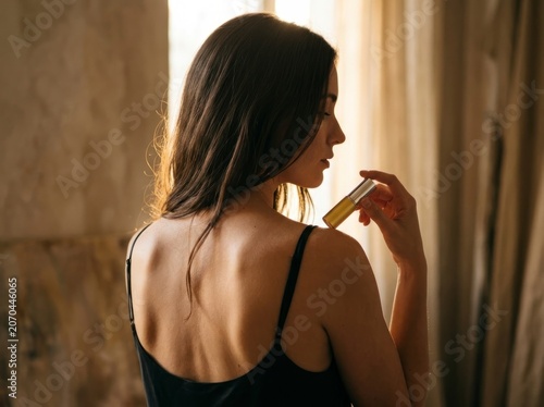 Woman applying beauty product to shoulder, sunlit skincare routine.