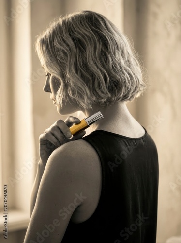 Woman applying golden perfume bottle, elegant beauty routine portrait.