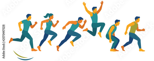Photos Runners and athlete jumping in action for speed and sports concept