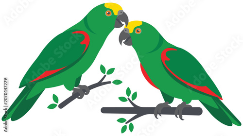 Obraz na plátně Two green parrots perched on branches with red accents.