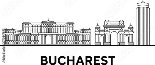 Fotografie Bucharest city skyline with iconic landmarks and modern skyscraper in clean line