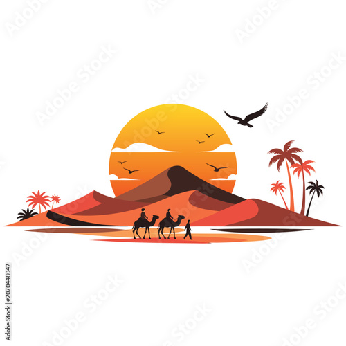 PrintLuxury Arabian Desert Sunset Scene with Camel Riders and Tropical Oasis Silhouettes