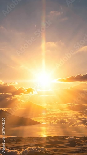 Beautiful sunrise over a body of water with clouds and mountains in the background. The sun is low on the horizon, casting warm golden rays across the sky.