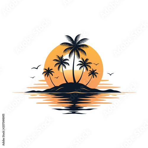 PrintMajestic Tropical Island Paradise with Coconut Palm Trees and Golden Sunset Reflection Vector Illustration