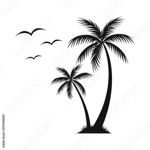 PrintMinimalist Tropical Palm Tree Silhouette Vector Illustration with Flying Birds and Island Landscape