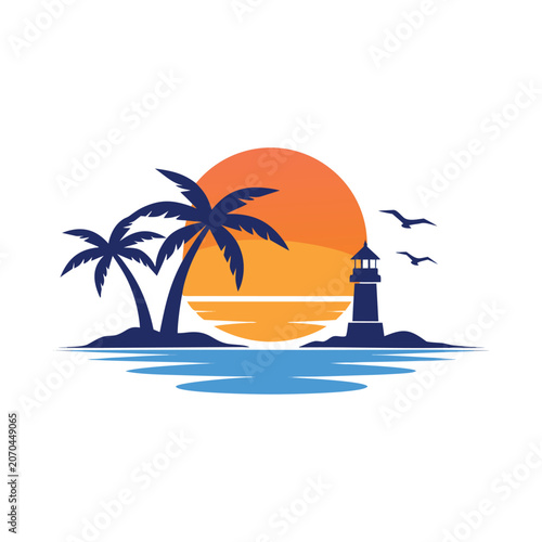 PrintTropical Sunset Lighthouse Vector Logo
