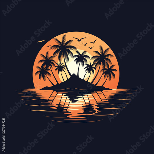 PrintPremium Tropical Beach Landscape Featuring Palm Tree Silhouettes Against a Radiant Ocean Sunset