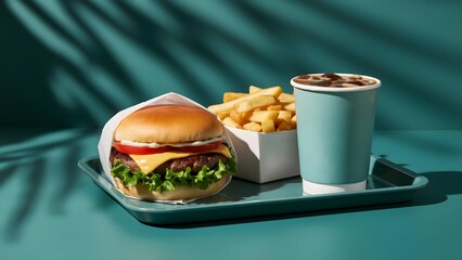 A cheeseburger with french fries and a cola drink on a teal tray a still life food photography burger hamburger beef fast