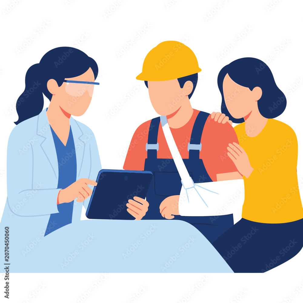 Fototapeta premium Doctor explaining medical diagnosis to injured construction worker and his wife.