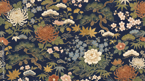 Intricate Japanese floral pattern with chrysanthemums and pine branches.