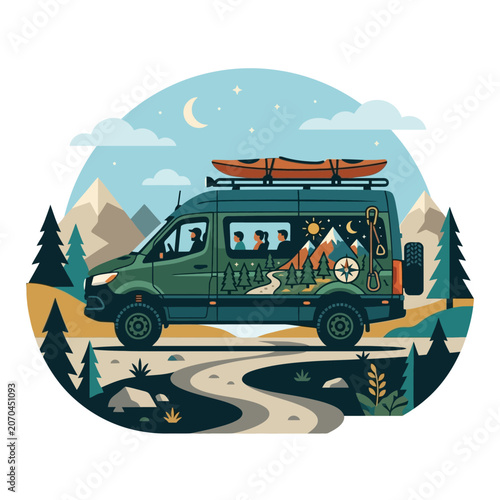 Green Camper Van with Kayak on Roof.