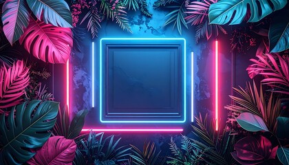 Neon frame with tropical leaves background.
